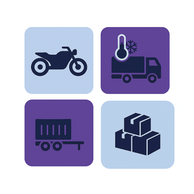 alt="Функции GPS-маяка: грузовые машины, мотоциклы, прицепы и коробки с грузом"